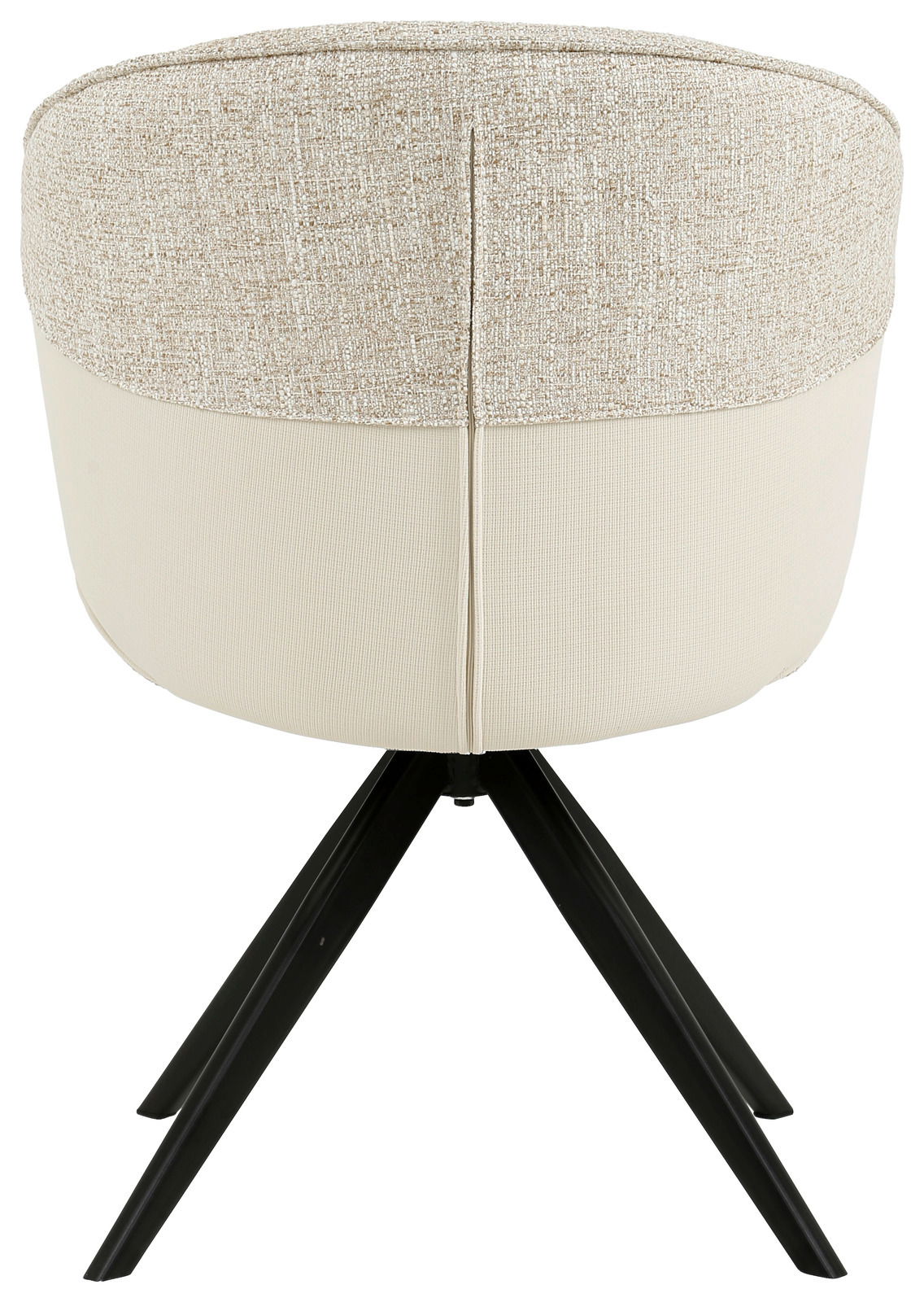 Rückansicht eines Armlehnstuhls mit beigem Stoffbezug und schwarzen Metallbeinen.