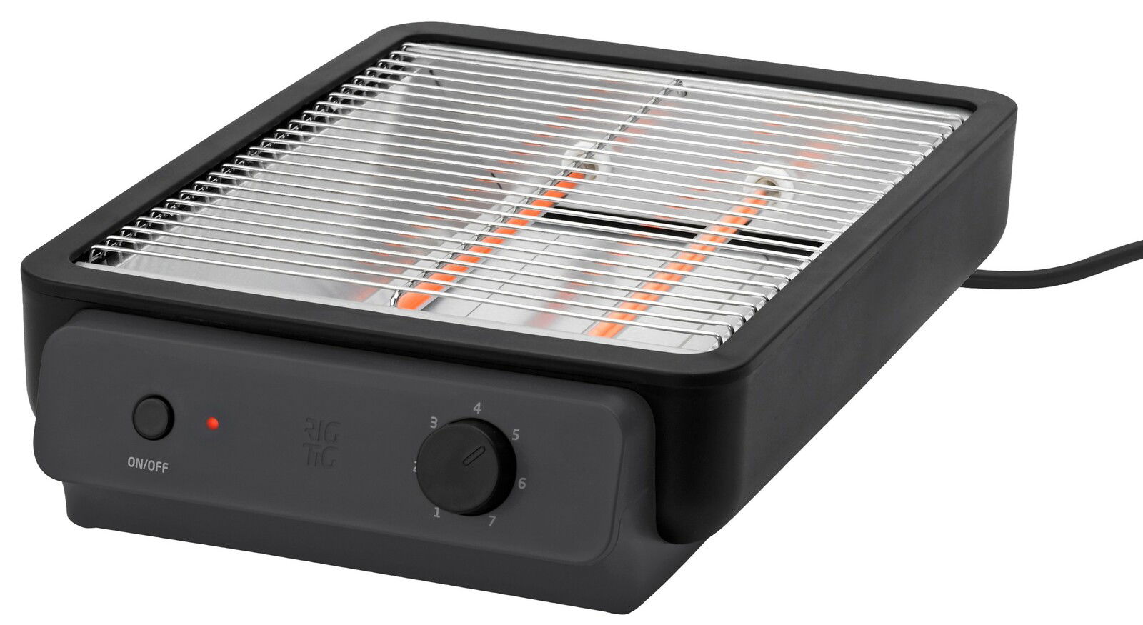 Schwarzer Flachtoaster mit Gitterrost und Heizstäben, seitliche Perspektive