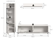 Maßskizze eines weißen Wohnzimmerschranks: hoher Vitrinenschrank mit Glastür (ca. 160 cm hoch, 45 cm breit, 34 cm tief) und niedriges TV-/Sideboard mit zwei Klappenfächern (ca. 160 cm breit, 41 cm hoch, 40 cm tief) sowie Wandboard (ca. 110 cm breit, 20 cm