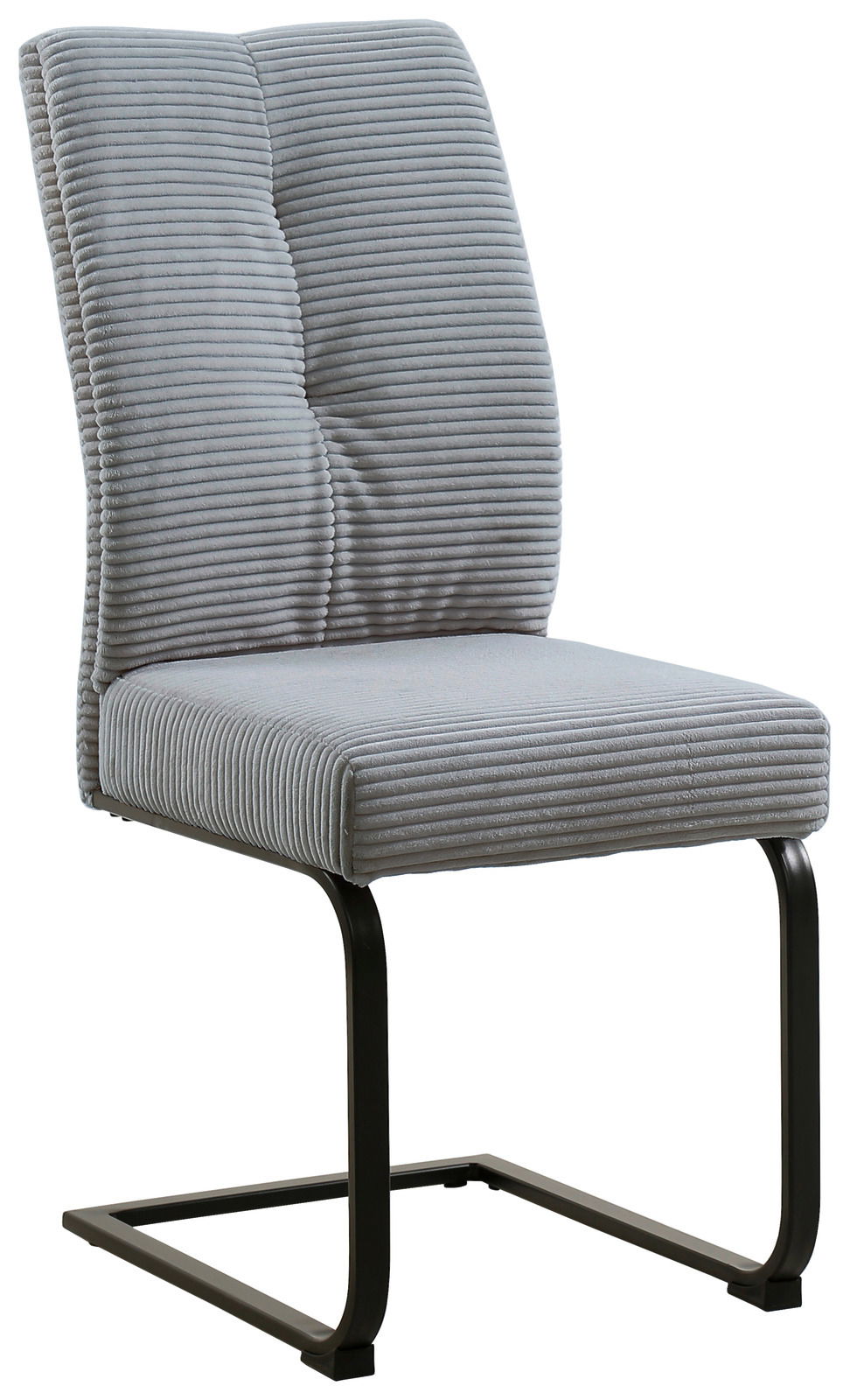 Grauer Schwingstuhl mit gestepptem Stoffbezug und schwarzem Metallgestell, seitliche Perspektive