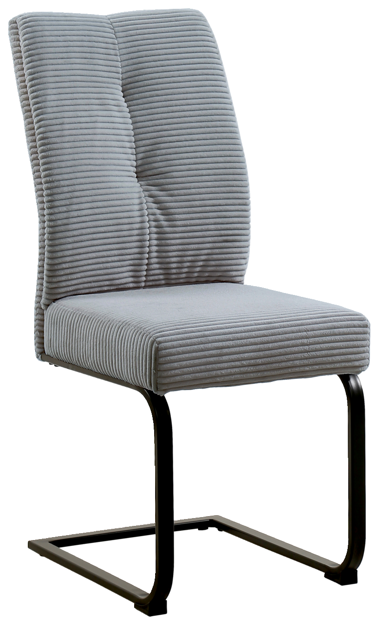 Grauer Schwingstuhl mit gestepptem Stoffbezug und schwarzem Metallgestell, seitliche Perspektive