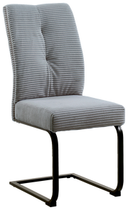 Grauer Schwingstuhl mit gestepptem Stoffbezug und schwarzem Metallgestell, seitliche Perspektive