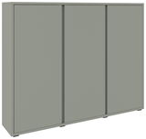 Moderner Schuhschrank in grauer Farbe mit drei Türen, seitliche Perspektive
