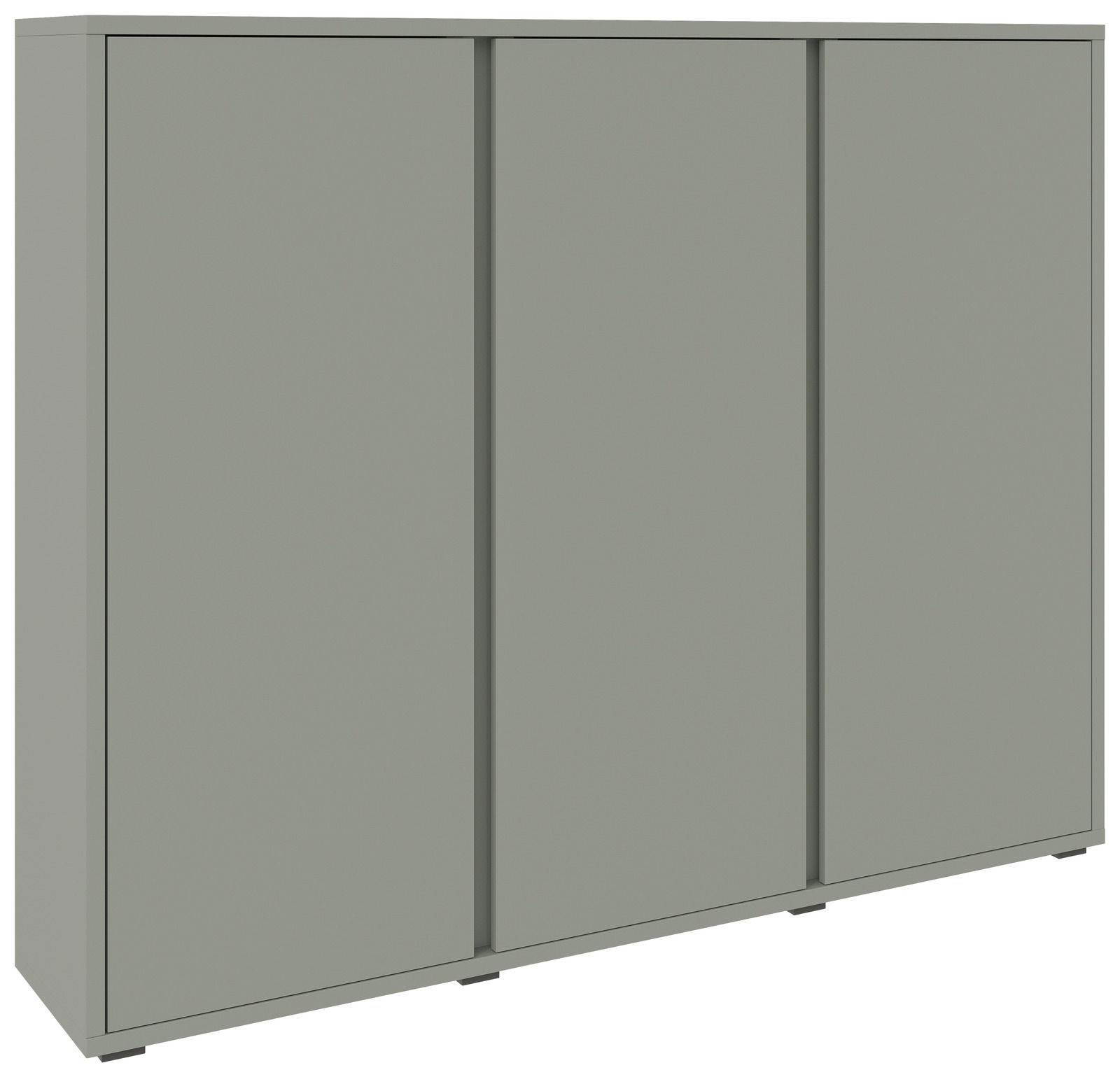 Moderner Schuhschrank in grauer Farbe mit drei Türen, seitliche Perspektive