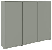 Moderner Schuhschrank in grauer Farbe mit drei Türen, seitliche Perspektive