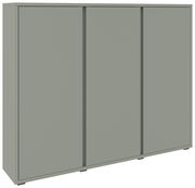 Moderner Schuhschrank in grauer Farbe mit drei Türen, seitliche Perspektive