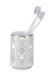 Keramik Zahnputzbecher Barock mit elegantem Muster, seitliche Perspektive, zwei Zahnbürsten im Becher