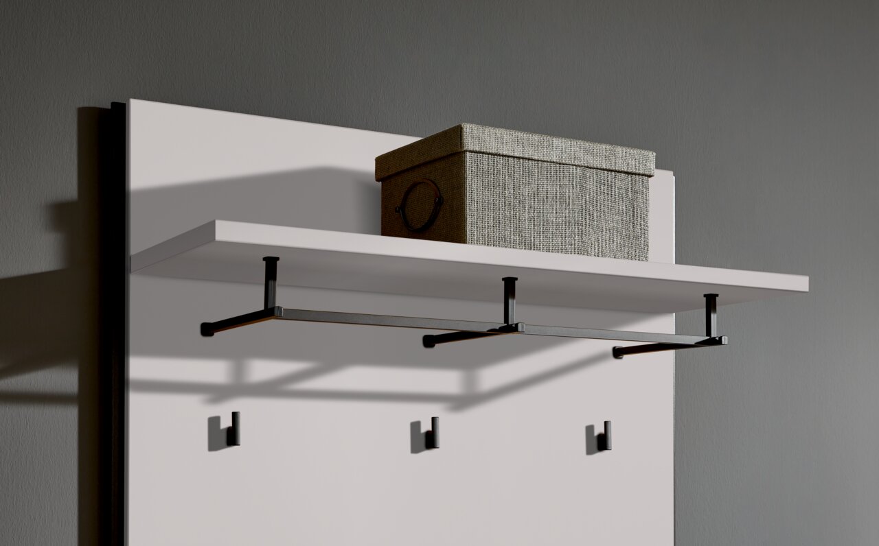 Garderobenpaneel mit Ablage, Kleiderstange und Haken, seitliche Perspektive