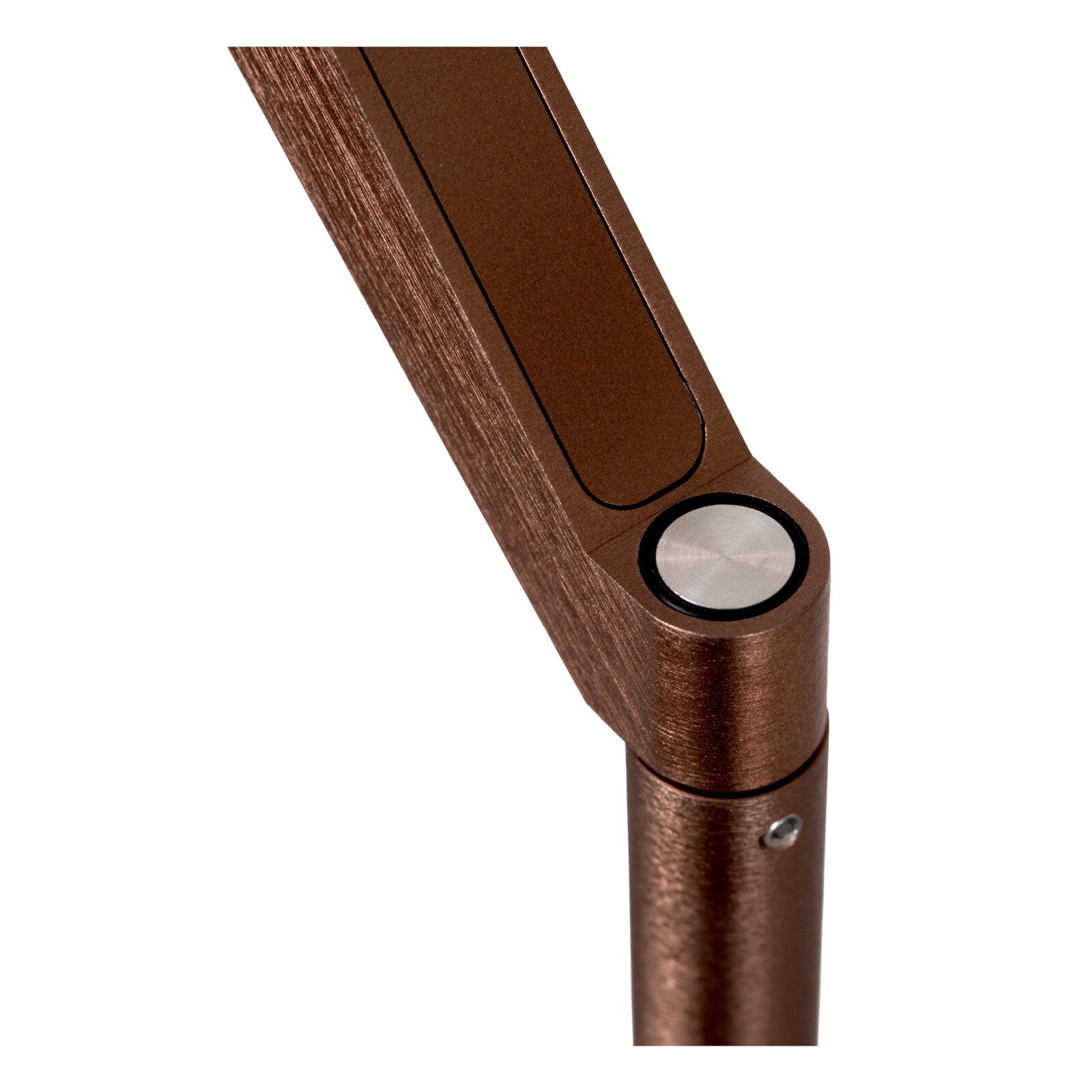 Detailaufnahme eines bronzefarbenen Metallgelenks mit rundem silbernen Knopf/Abdeckung, schräg von oben auf das Produkt fotografiert