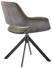 Rückansicht eines modernen Sessels mit grauem Stoffbezug und schwarzem Metallgestell, Perspektive von hinten.