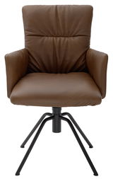 Brauner Ledersessel mit Armlehnen und schwarzem Metallgestell, Frontalansicht