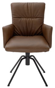 Brauner Ledersessel mit Armlehnen und schwarzem Metallgestell, Frontalansicht