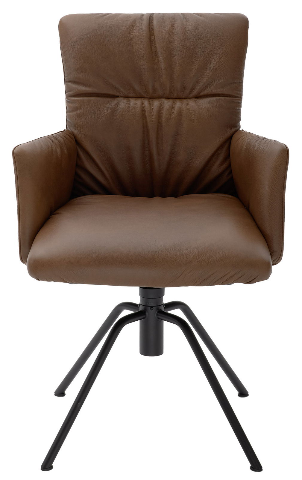 Brauner Ledersessel mit Armlehnen und schwarzem Metallgestell, Frontalansicht