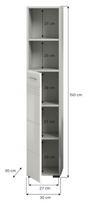 Hochschrank mit offenen und geschlossenen Fächern, Maße 150 cm Höhe, 30 cm Breite, 30 cm Tiefe, seitliche Perspektive