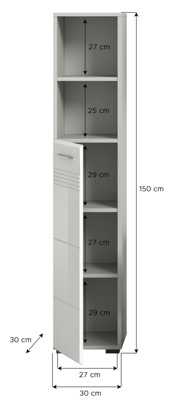Hochschrank mit offenen und geschlossenen Fächern, Maße 150 cm Höhe, 30 cm Breite, 30 cm Tiefe, seitliche Perspektive