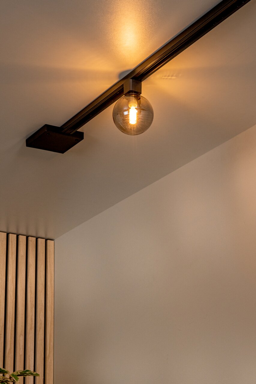 Deckenstrahler TYCHO in Schwarz mit Rauchglas, seitliche Perspektive