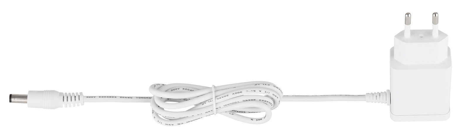 Weißes Netzteil mit Kabel, seitliche Ansicht