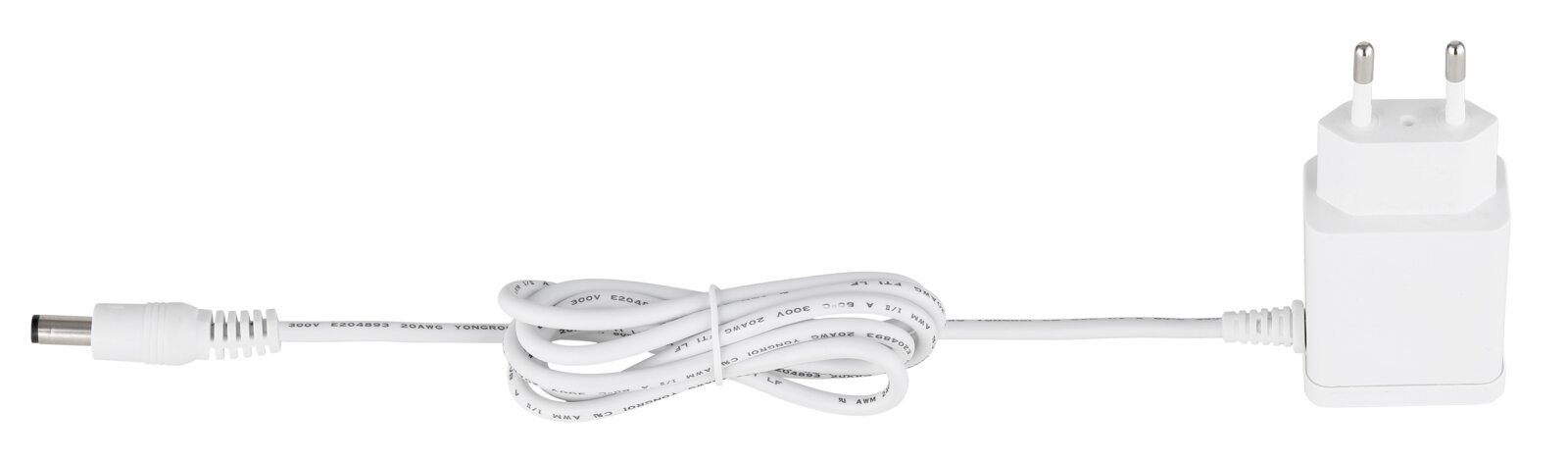 Weißes Netzteil mit Kabel, seitliche Ansicht