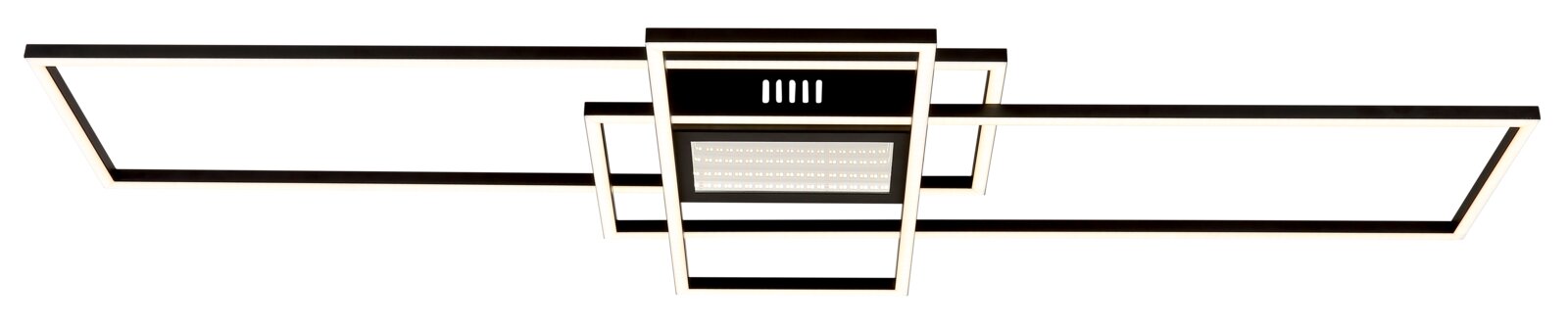 Moderne Deckenleuchte mit rechteckigem, geometrischem Design, aus der Perspektive von unten betrachtet.