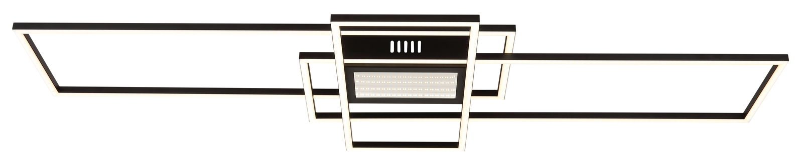 Moderne Deckenleuchte mit rechteckigem, geometrischem Design, aus der Perspektive von unten betrachtet.