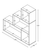 Isometrische Ansicht eines stufenförmigen Regals mit offenen Fächern, technische Maßzeichnung mit Bemaßungen (Gesamtbreite 1168 mm, Tiefe 290 mm, Höhe 1232 mm).
