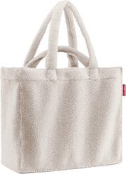 Weißer Shopper aus weichem, flauschigem Material mit zwei Henkeln, seitliche Perspektive