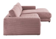 Zijaanzicht van een roze ligstoelcombinatie met geribbelde stoffen bekleding.