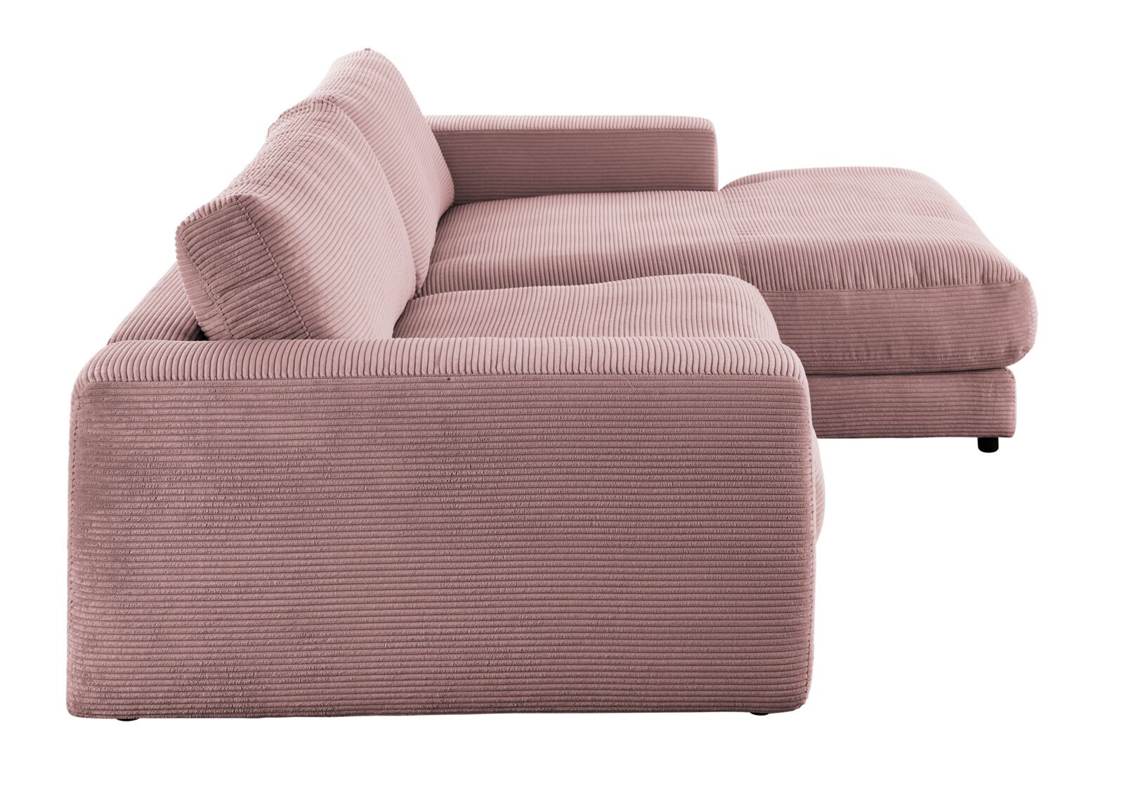 Zijaanzicht van een roze ligstoelcombinatie met geribbelde stoffen bekleding.