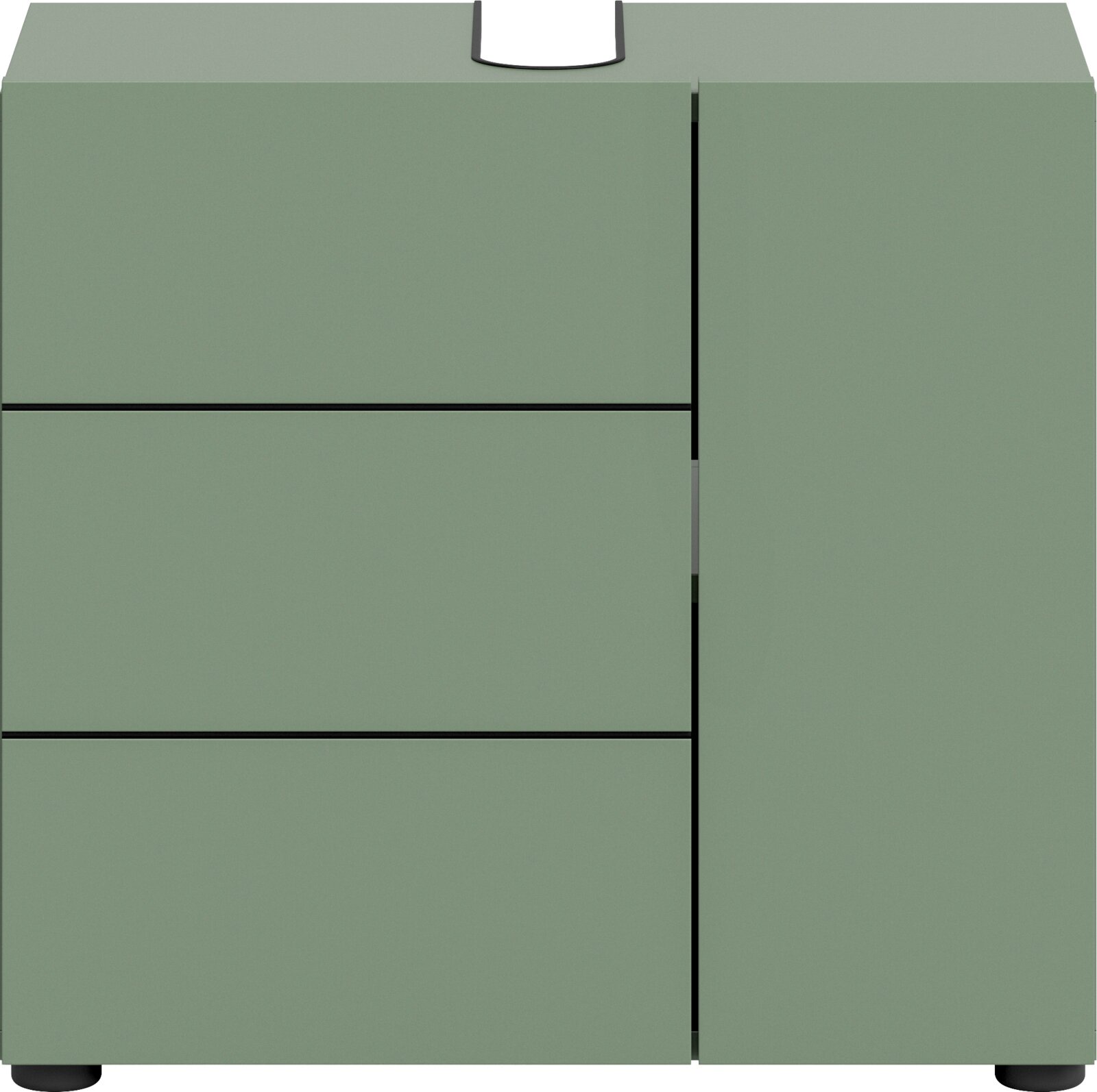 Salbeigrünes Sideboard/Schrankmöbel mit glatten Fronten und sichtbaren Fugen, Produktansicht von vorne