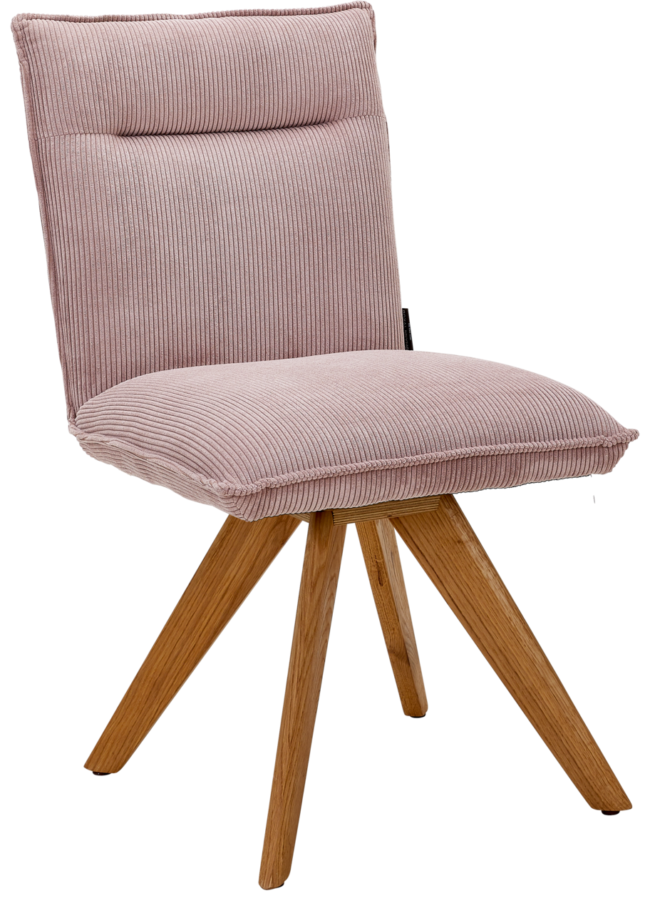 Johann Jakob Stuhl CALAS Moderner Stuhl mit rosa gepolstertem Sitz und Rückenlehne, sowie Holzbeinen in schräger Perspektive.