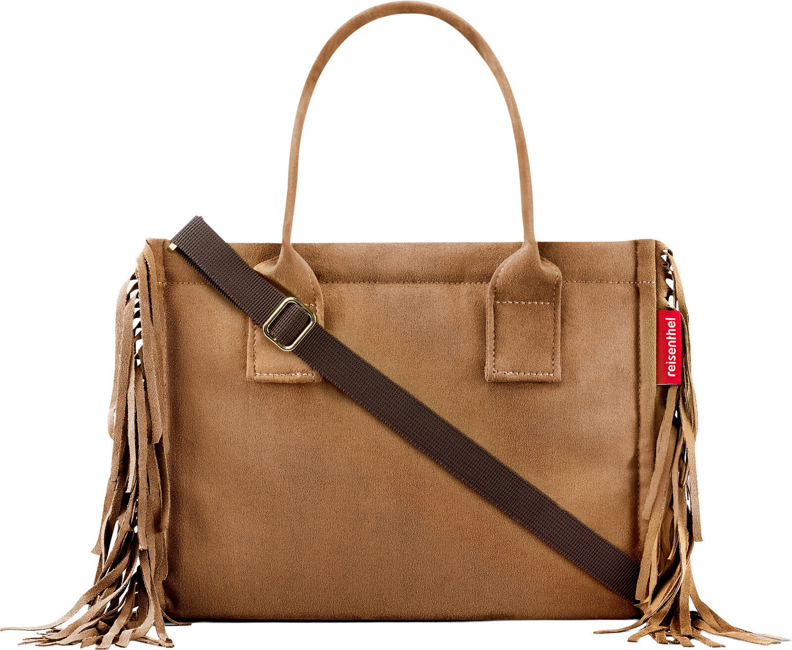 Braune Wildleder-Handtasche mit langen Henkeln, abnehmbarem dunklem Schultergurt und Fransen an den Seiten, Frontansicht auf weißem Hintergrund.