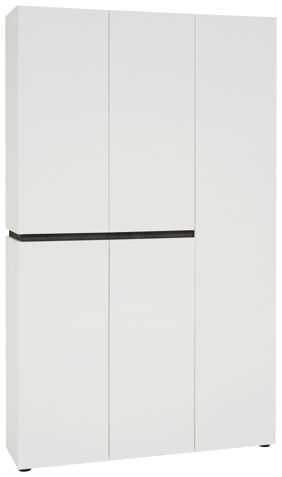 Voleo XXL-Schuh-/Mehrzweckschrank YES Weißer XXL-Schuh- und Mehrzweckschrank mit fünf Türen, frontal abgebildet.