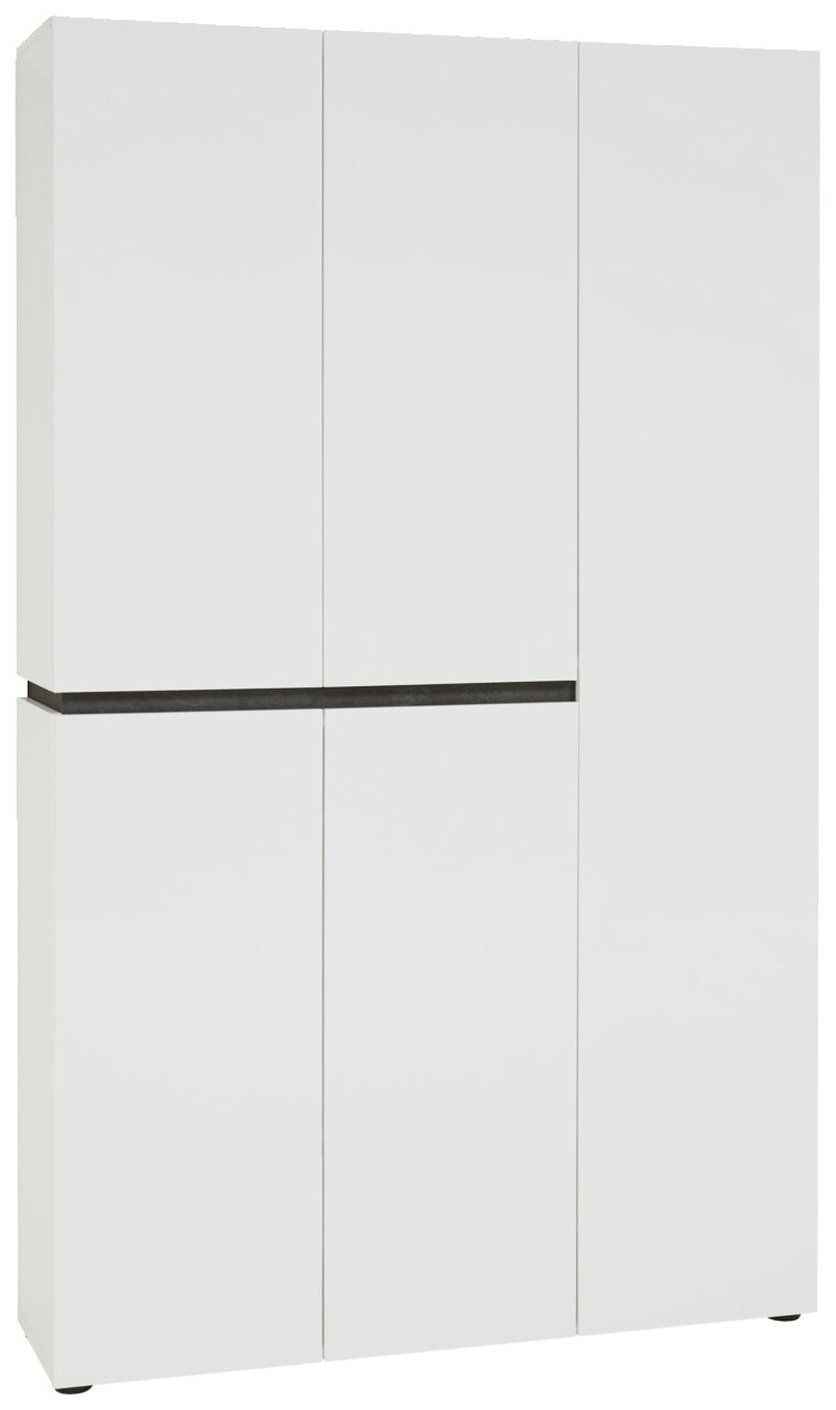 Voleo XXL-Schuh-/Mehrzweckschrank YES Weißer XXL-Schuh- und Mehrzweckschrank mit fünf Türen, frontal abgebildet.