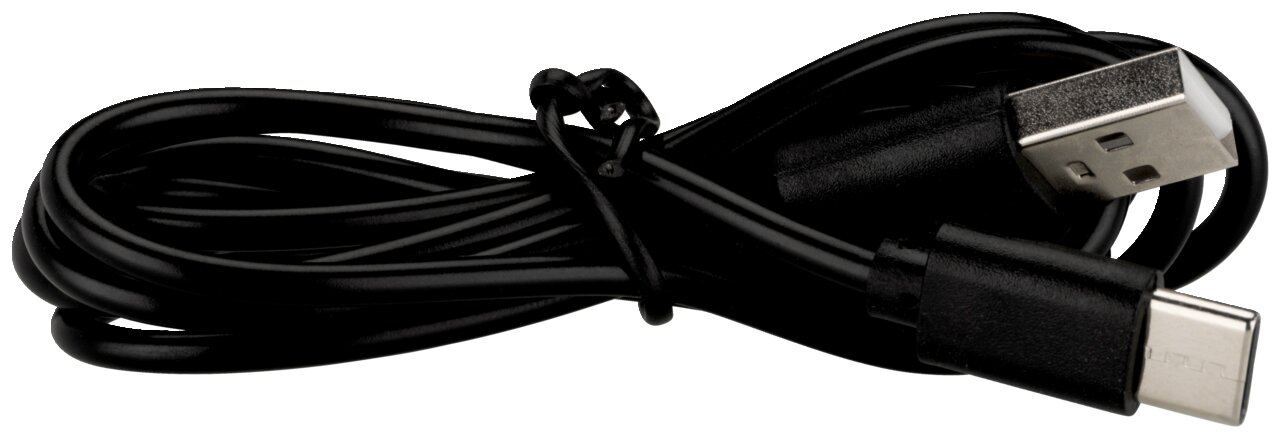 Schwarzes USB-Kabel mit USB-A- und USB-C-Stecker, seitliche Perspektive