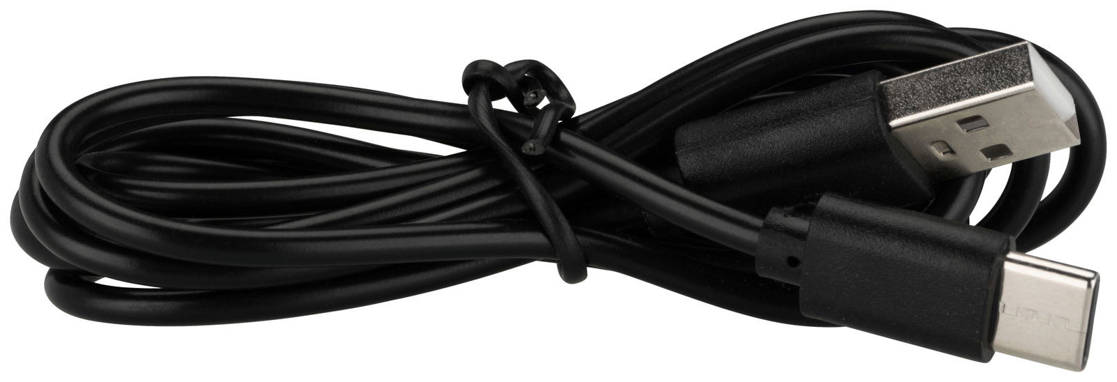 Schwarzes USB-Kabel mit USB-A- und USB-C-Stecker, seitliche Perspektive