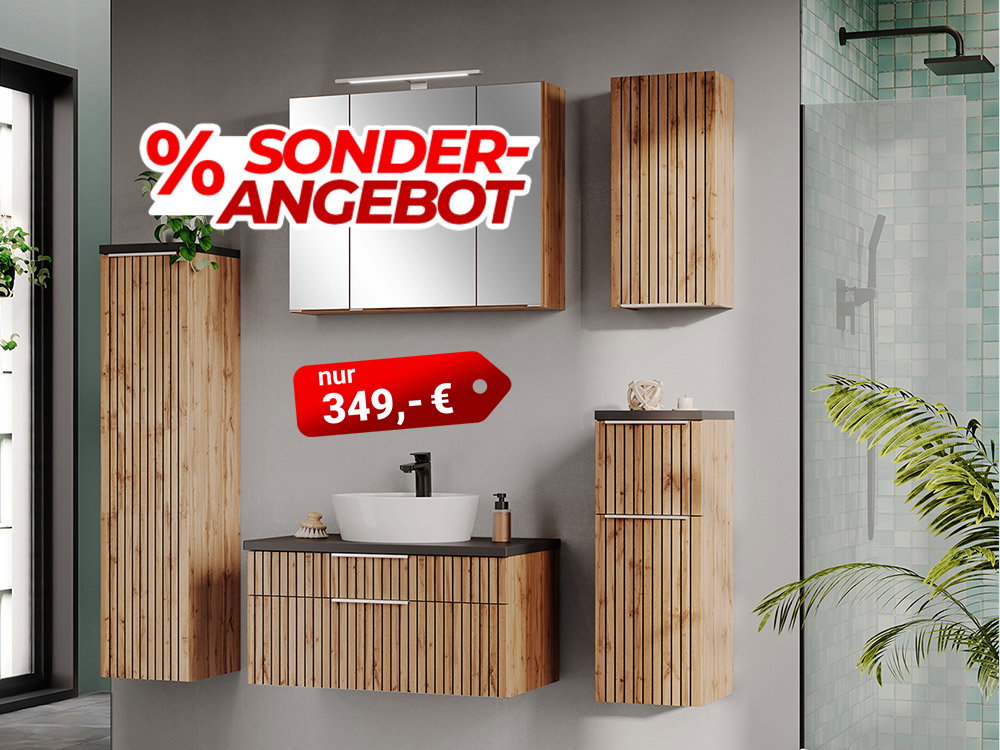 Modernes Badezimmermöbel-Set aus Holz mit Waschbecken und Spiegel – Sonderangebot 349 €
