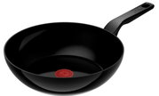 Schwarze Keramik-Wokpfanne mit rotem Thermo-Signal, seitliche Perspektive