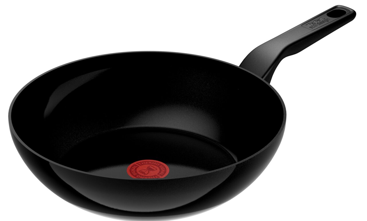 Schwarze Keramik-Wokpfanne mit rotem Thermo-Signal, seitliche Perspektive