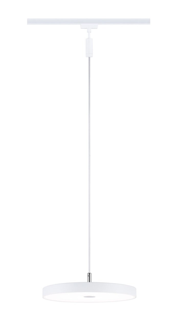 PAULMANN Schienenpendel Hildor URAIL Weißes Schienenpendel Hildor von PAULMANN, von vorne betrachtet, mit rundem, flachem Lampenschirm und schlankem Kabel.