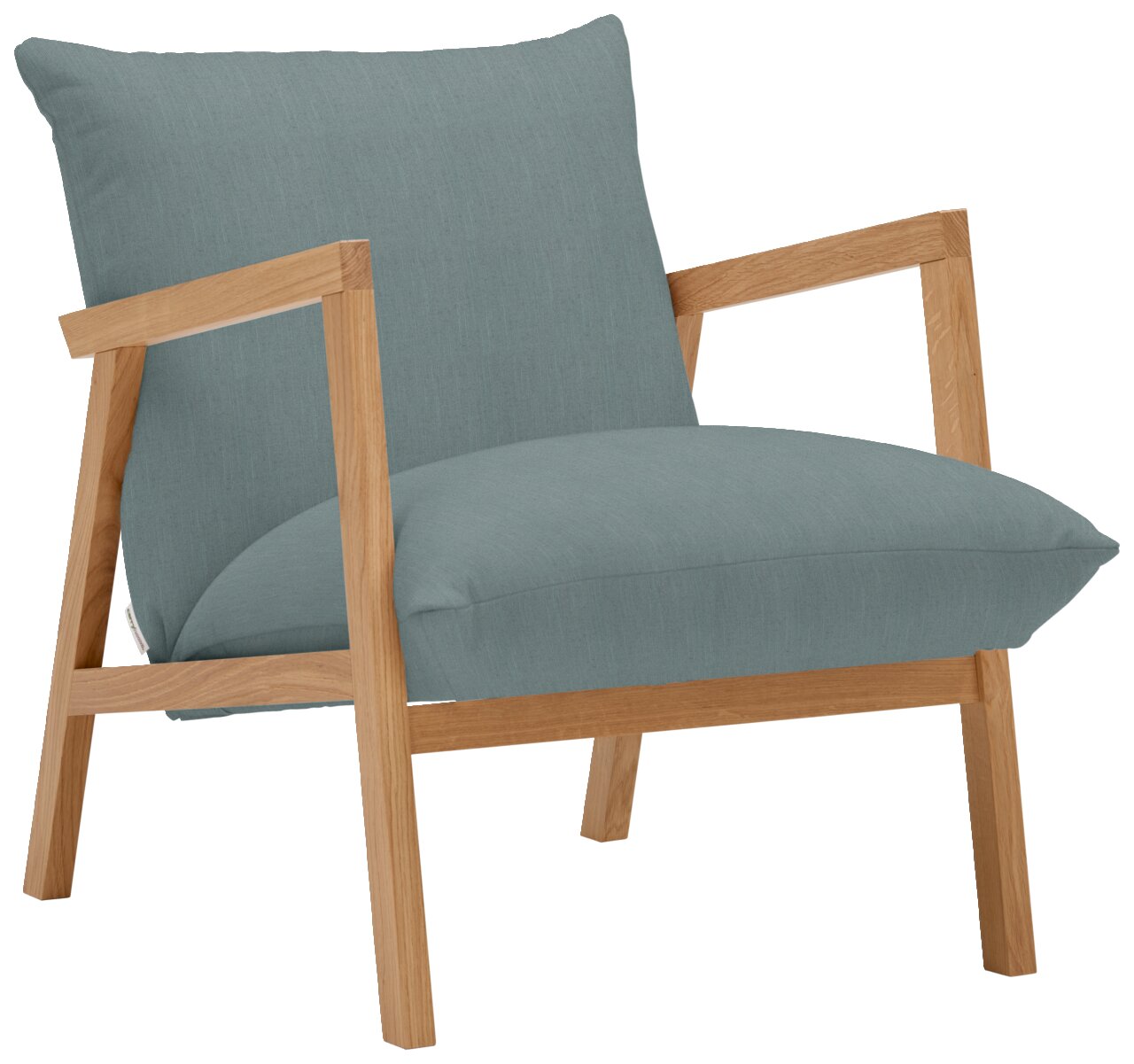 Moderne fauteuil met lichtblauwe bekleding en houten frame, zijaanzicht