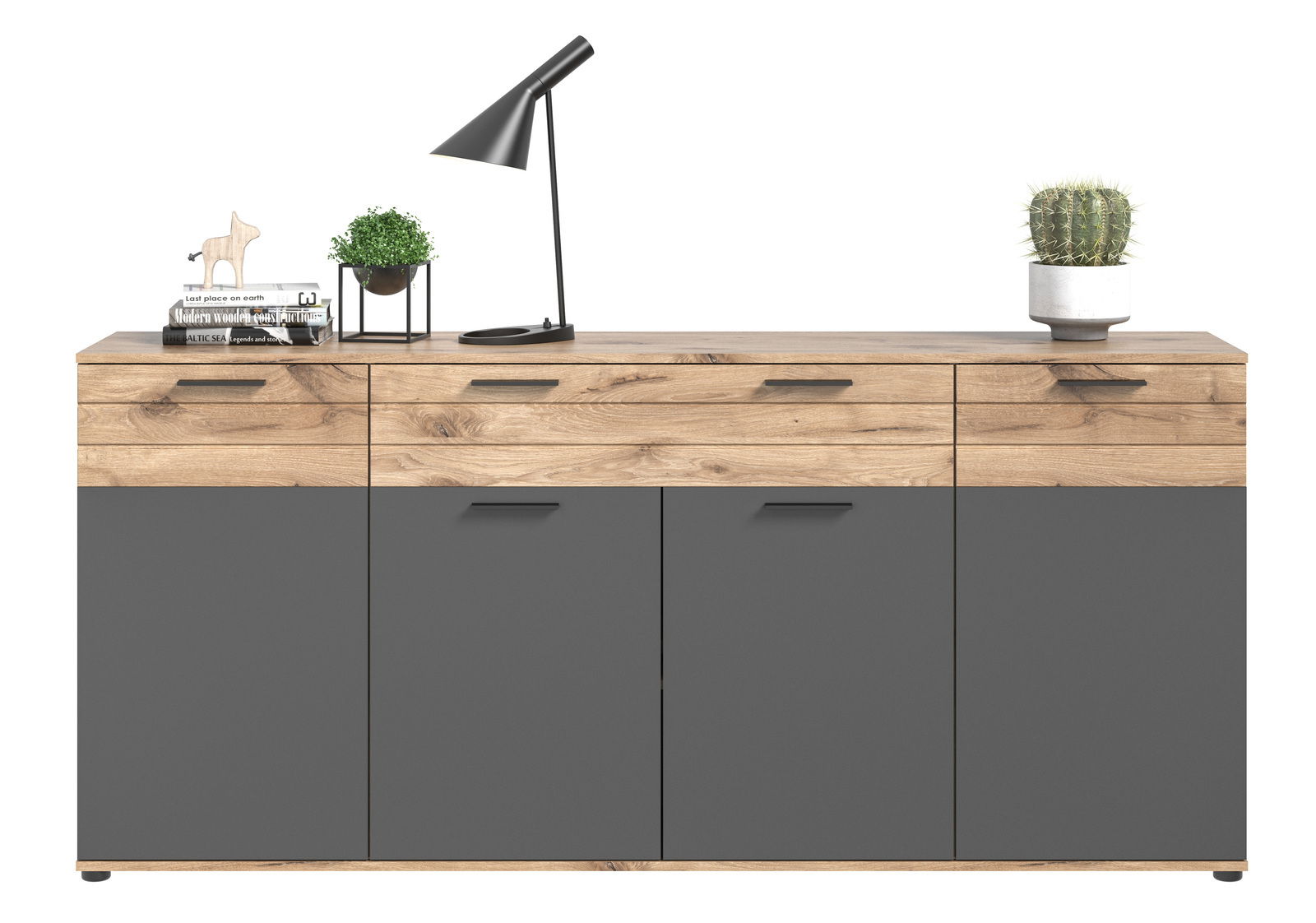 Modernes Sideboard mit Holz- und Grautönen, dekoriert mit Lampe, Pflanzen und Büchern, Frontalansicht.