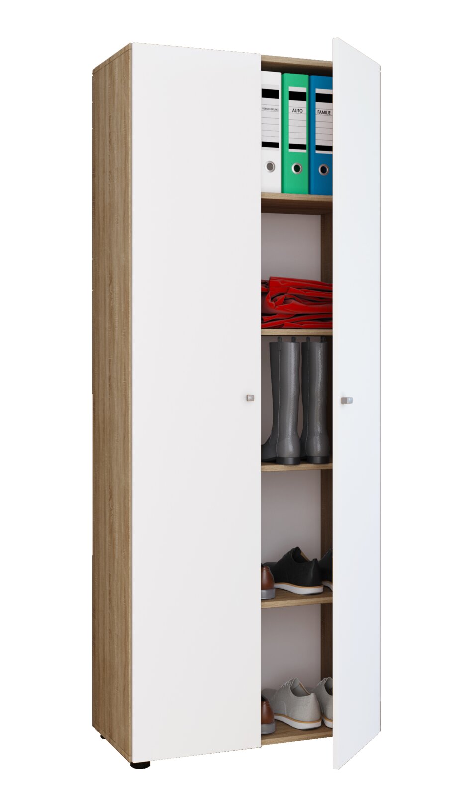 VCM Mehrzweckschrank VANDOL Hoher Schuh- und Mehrzweckschrank in Eiche-Optik mit weißen Türen, eine Tür geöffnet und Einlegeböden mit Ordnern und Schuhen sichtbar, perspektivische Frontansicht leicht von links.