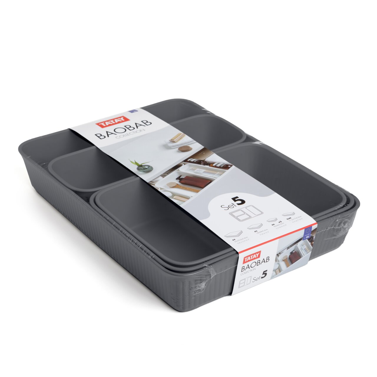TATAY Aufbewahrungsboxen 5er Set BAOBAB Schrägansicht eines 5-teiligen Aufbewahrungsboxen-Sets der Marke Tatay, Baobab Collection, in dunkler Farbe, verpackt mit Etikett.