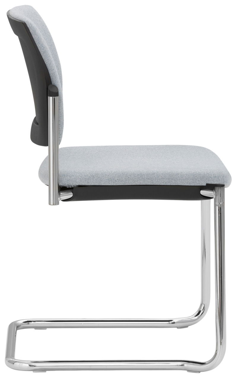 Seitenansicht eines modernen Freischwinger-Stuhls mit grauem Polster und verchromtem Gestell.
