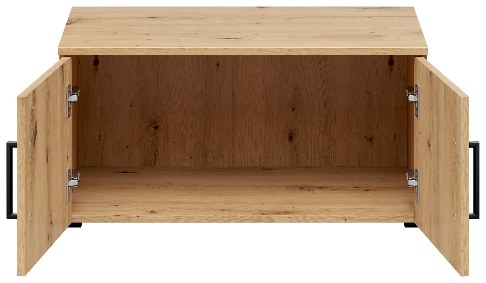 Offener Aufsatzschrank aus Holz mit zwei Türen, Frontalansicht