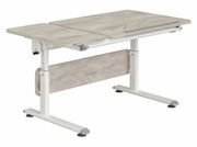 Höhenverstellbarer Schreibtisch mit Holzoptik und weißem Gestell, seitliche Perspektive