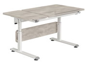 Höhenverstellbarer Schreibtisch mit Holzoptik und weißem Gestell, seitliche Perspektive