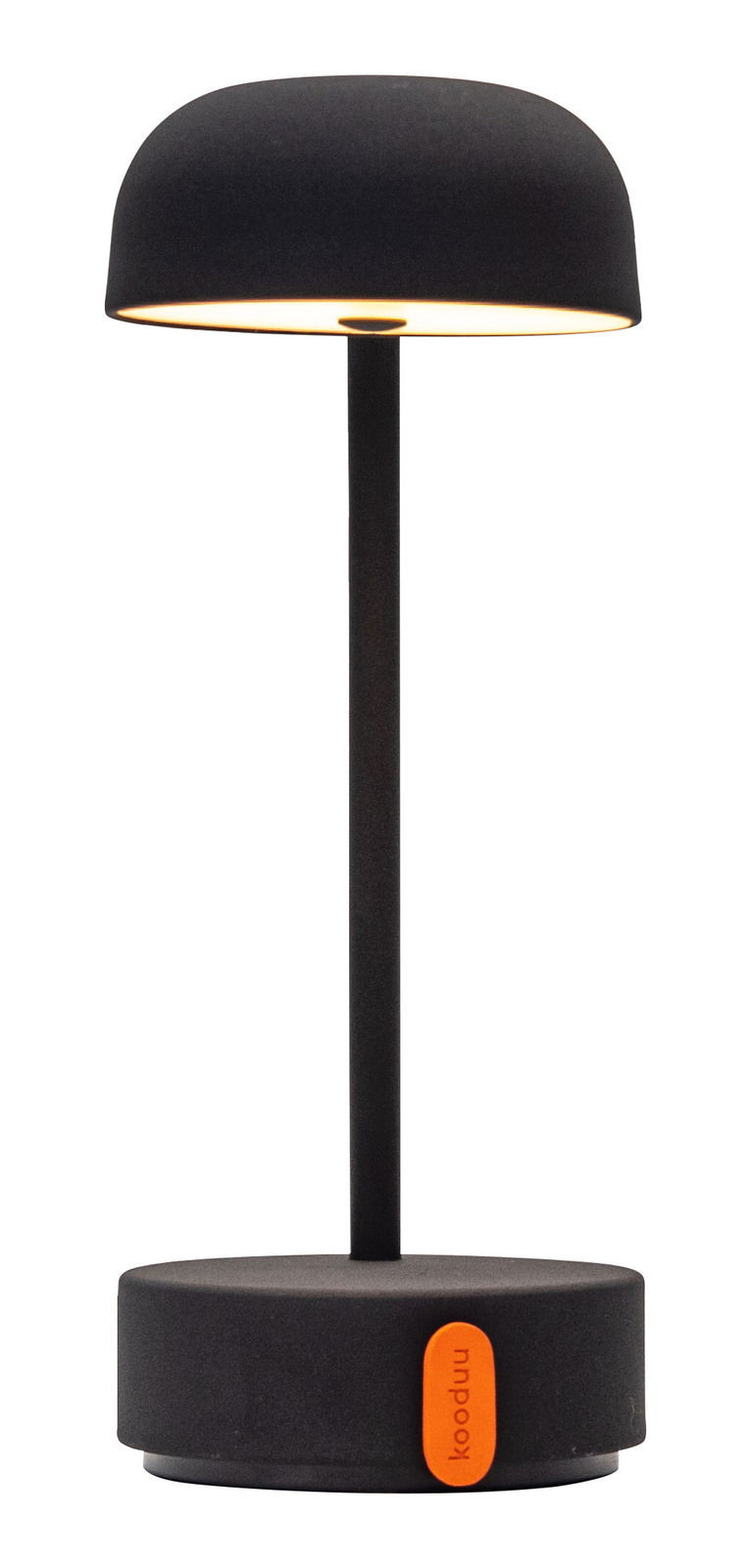 Moderne Tischlampe in Anthrazit mit rundem Schirm und orangefarbenem Akzent, seitliche Perspektive