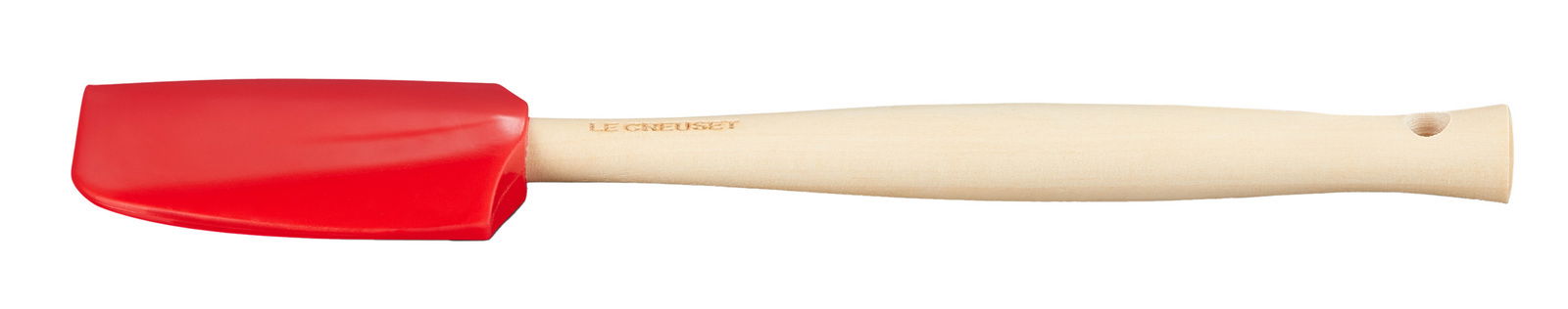 Rote Silikon-Kochkelle mit hellem Holzgriff, seitliche Ansicht