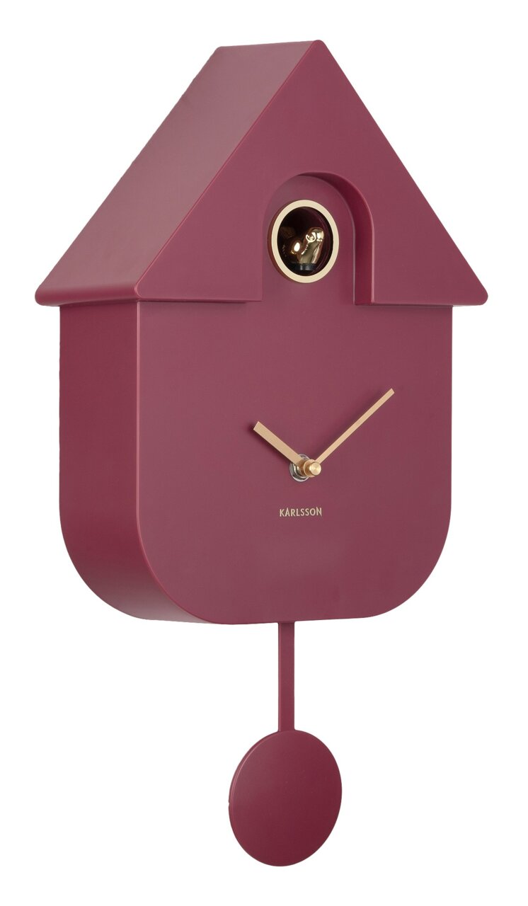 Moderne wandklok in de vorm van een huis met slinger, bordeauxrood, zijaanzicht
